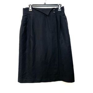 Vintage Wool Black Midi Skirt Wrap Style Side Pockets sz 10